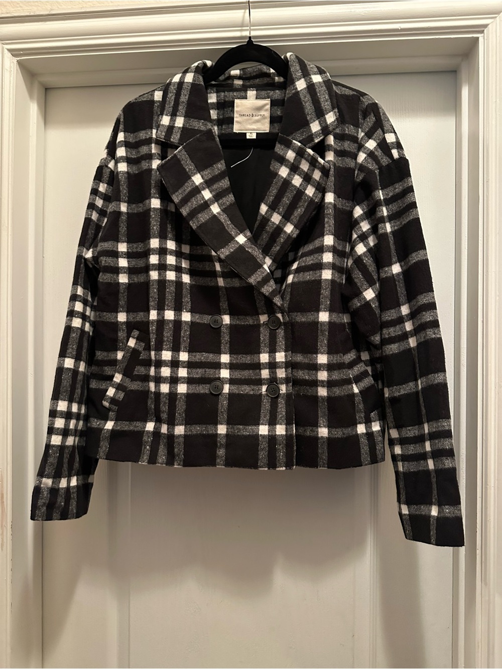 Thread & Supply Black and White Plaid Double-Breasted Pea Coat